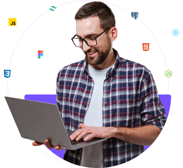 Developer with a laptop, surrounded by web and app technology icons