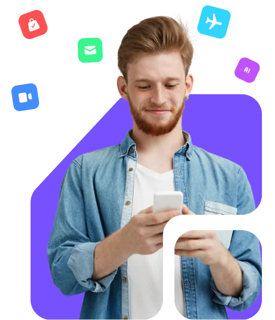 Person using a phone, with icons for mail, video, shopping, travel, and AI